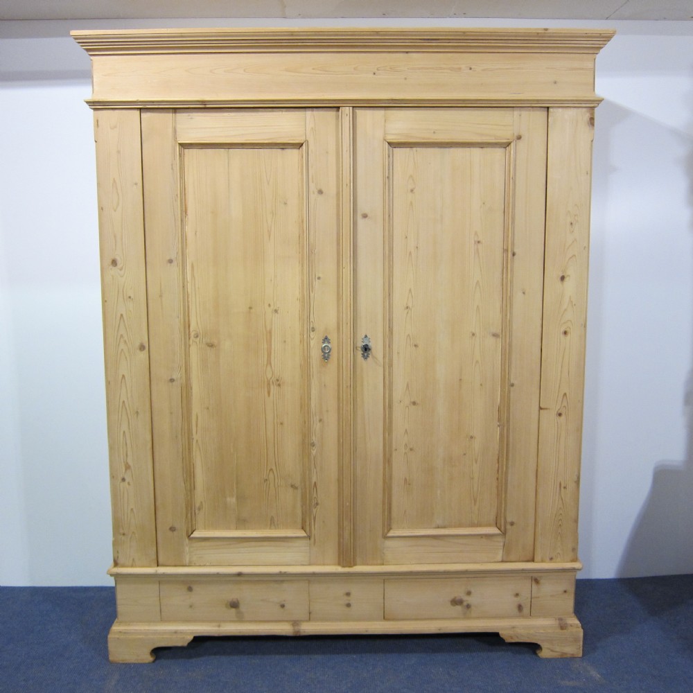 Large old pine double wardrobe with 2 bottom drawers 