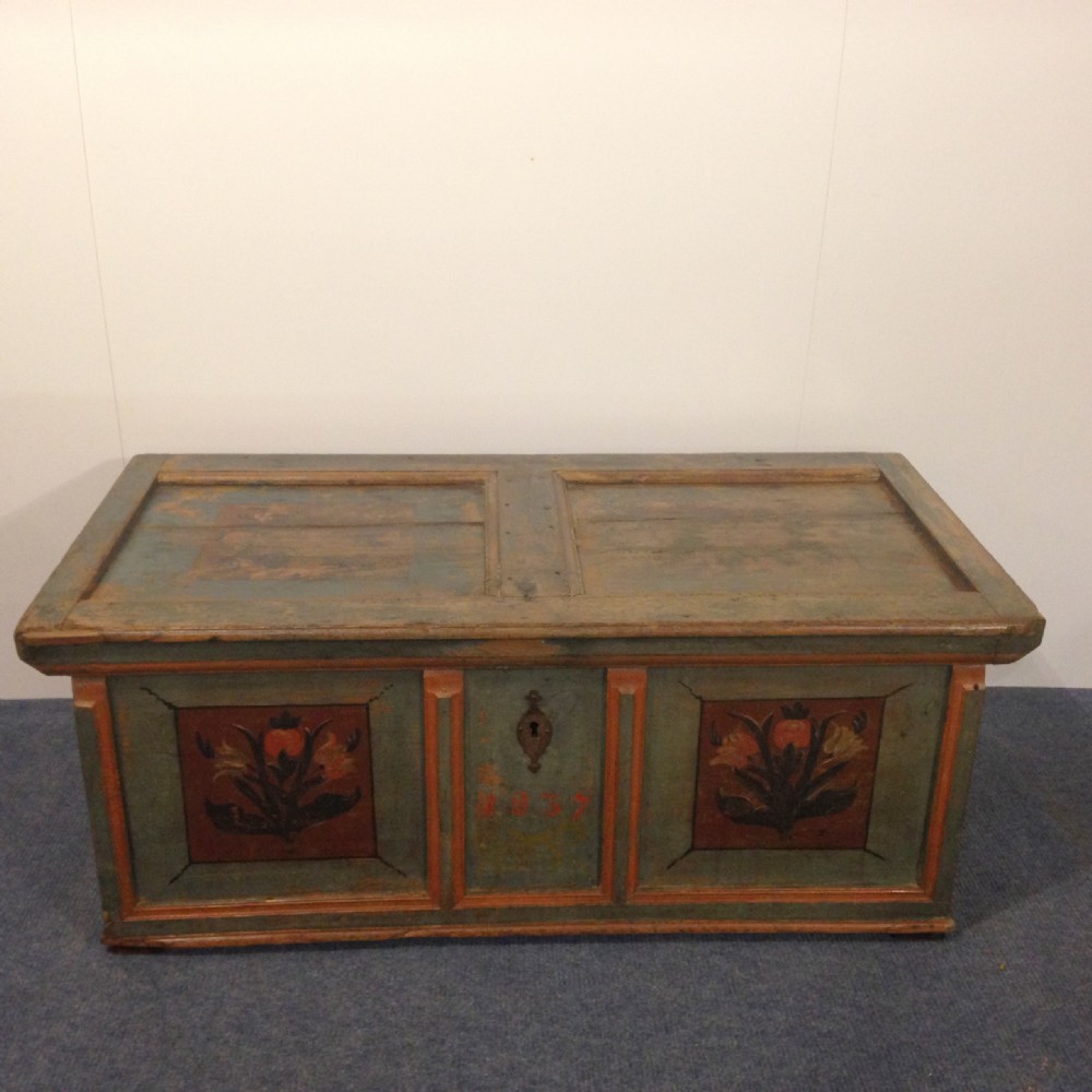 Large old pine painted marriage chest