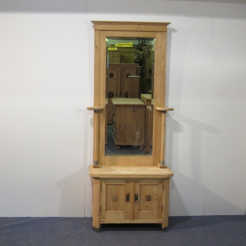 Antique Pine Entry Hall Tree with Mirror