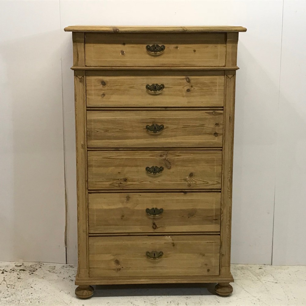 Tall & Slim Danish Antique Pine Bank of Drawers 