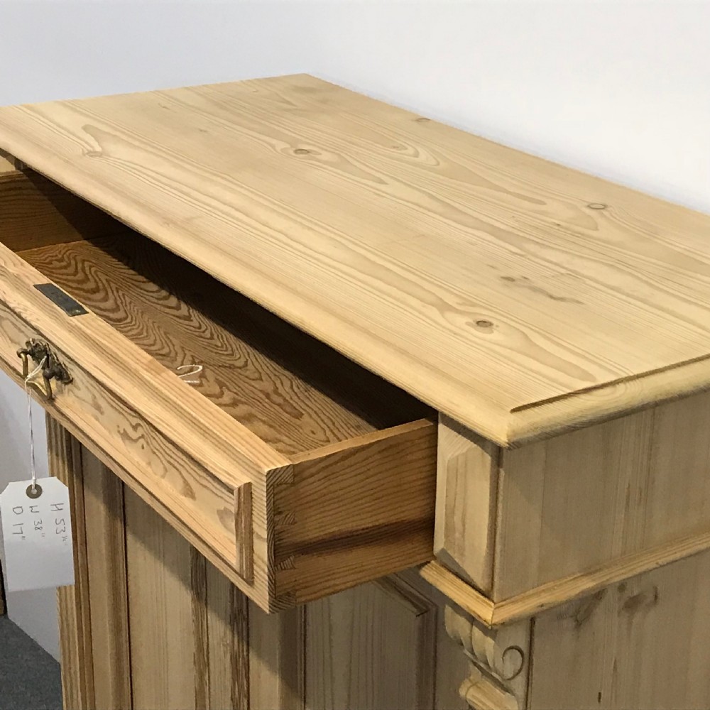 Tall Slim Antique Pine Cupboard With Top Drawer View V
