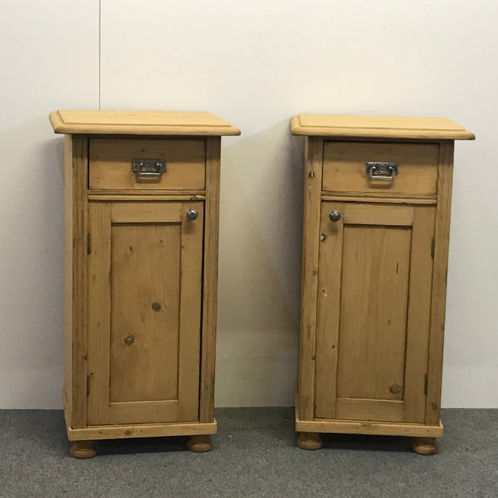 PAIR OF SLENDER ANTIQUE PINE BEDSIDE CUPBOARDS