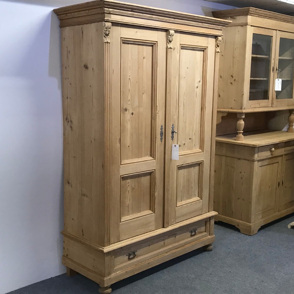 Small Double Antique Pine Wardrobe with Drawer (Dismantles) View V
