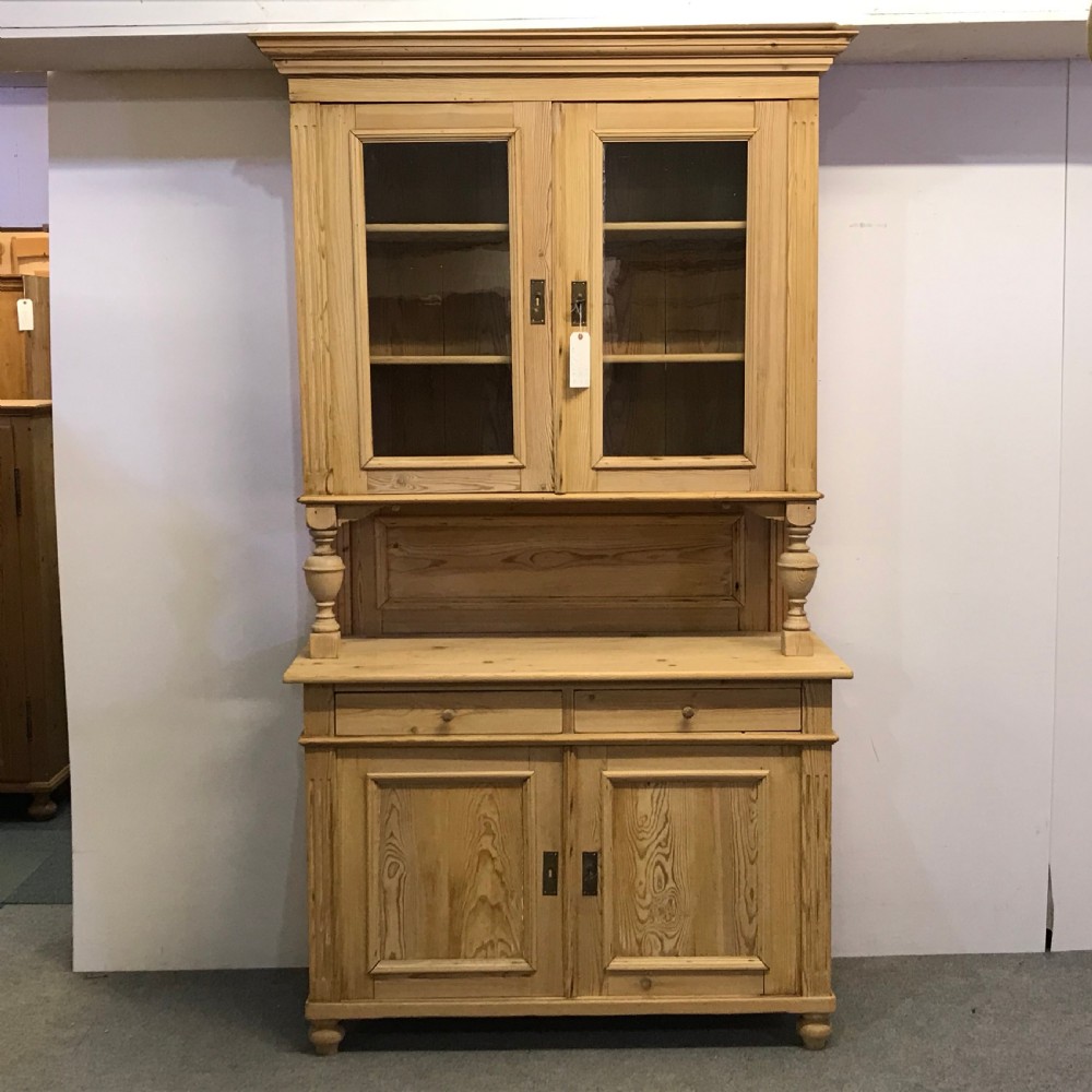VERY TALL ANTIQUE PINE DRESSER WITH GLAZED CABINET