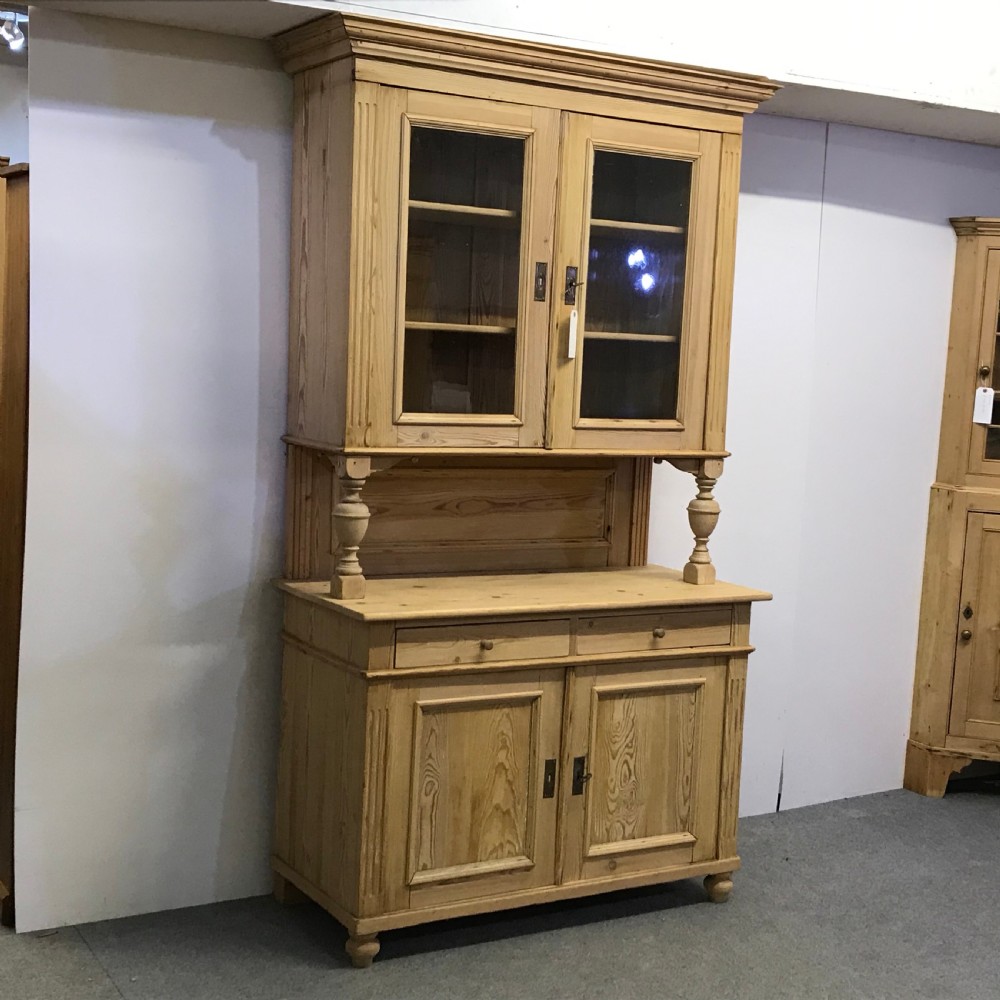 VERY TALL ANTIQUE PINE DRESSER WITH GLAZED CABINET View II