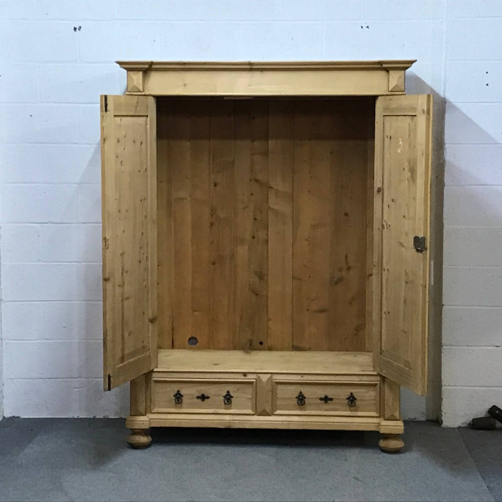 Large 2 Door Antique Pine Wardrobe with 2 Drawers (Dismantles) View II