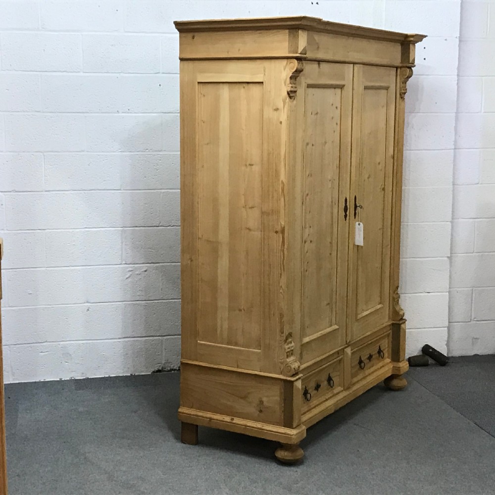 Large 2 Door Antique Pine Wardrobe with 2 Drawers (Dismantles) View III