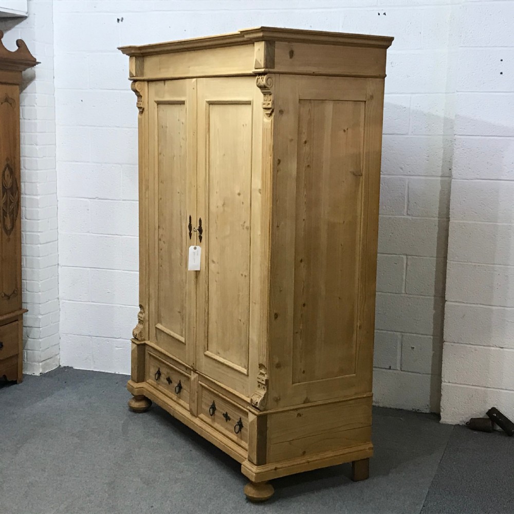 Large 2 Door Antique Pine Wardrobe with 2 Drawers (Dismantles) View IV