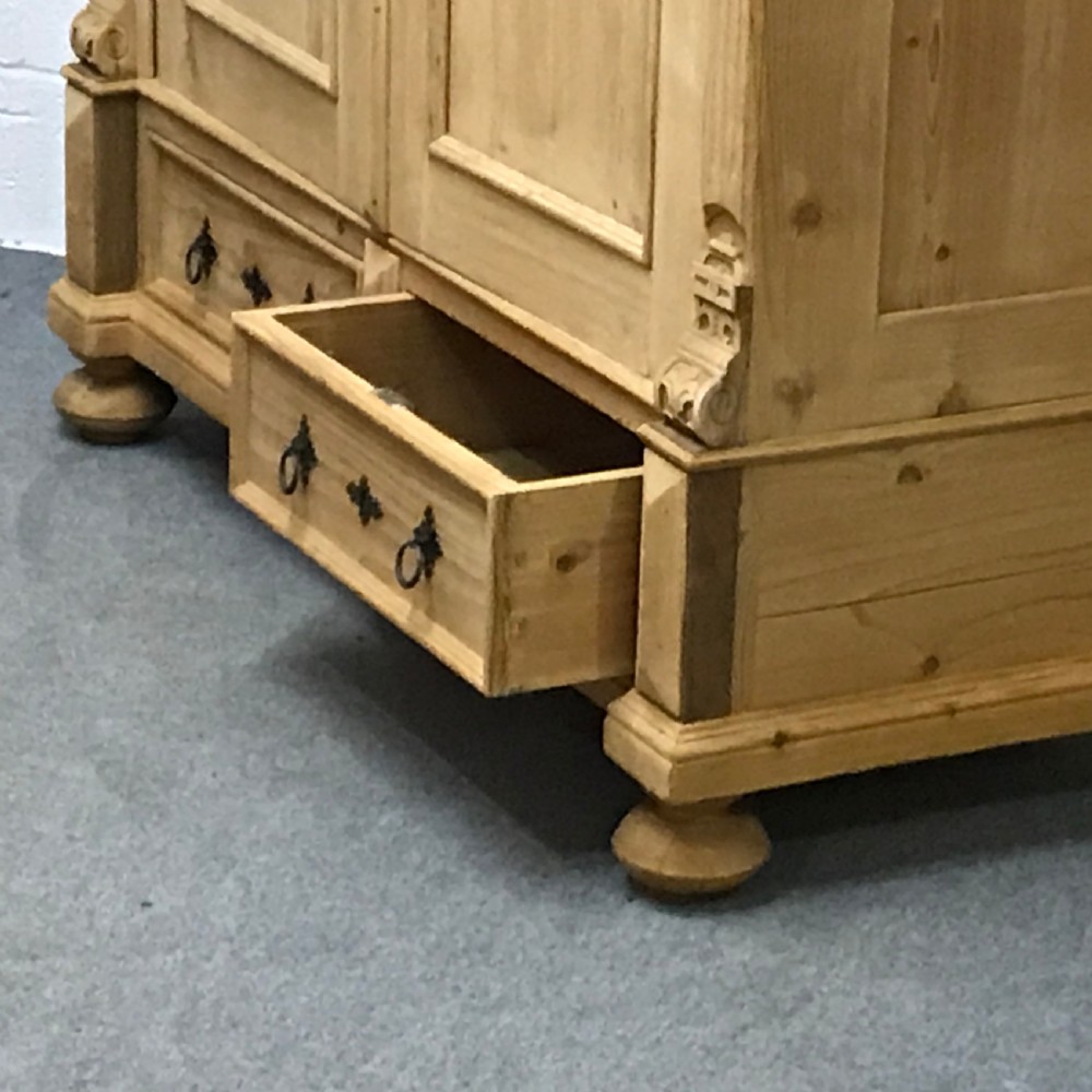 Large 2 Door Antique Pine Wardrobe with 2 Drawers (Dismantles) View V