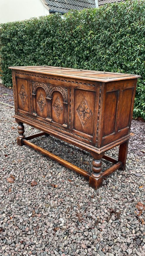 17th Century Style Solid Oak Coffer on Stand, Circa 1920.
