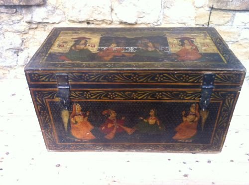 A Late 19th C Indian Rajastani Painted Box or Small Trunk