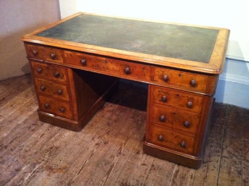 A Victorian Burr Walnut and Tulipwood Crossbanded Pedestal Desk C 1860