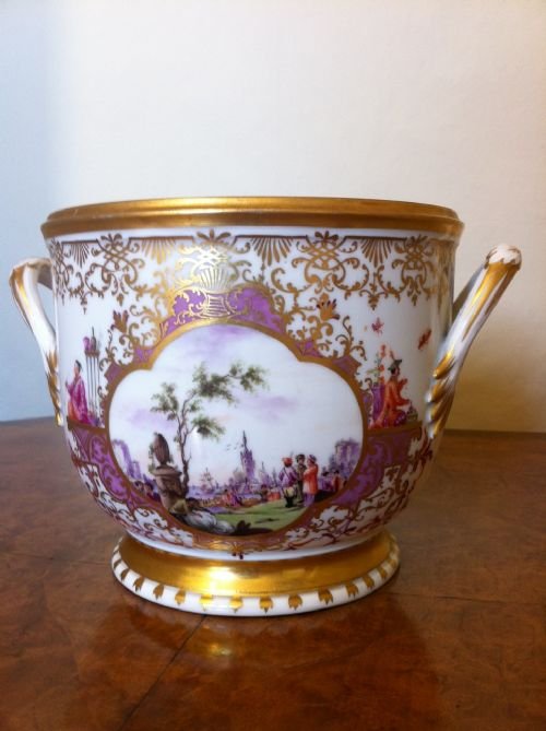 A Well Painted 19th C French Twin Handled Bowl in the Early 18th C Meissen Style Painted with Harbour Scenes and Heightened in Gilt .

