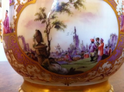 fig 1. A well painted 19th c French twin handled bowl in the early 18th c Meissen style painted with harbour scenes and heightened in gilt .

