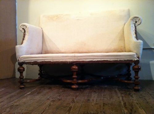 fig 1. A William and Mary style walnut 2 seater settee c 1890  with 6 turned legs united by wavy stretchers  
