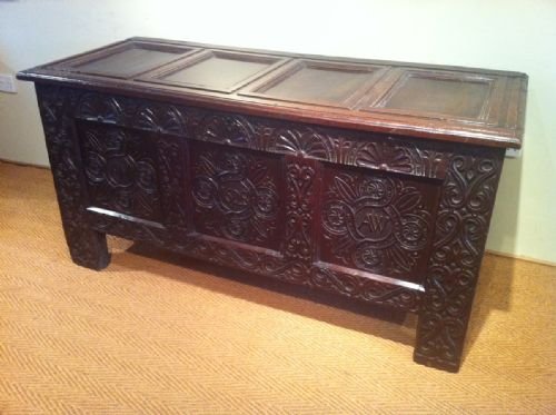 A Large and Well Carved Early Charles 1 Marriage Coffer. The Front Carved with the Initials Am and Aw and Dated in the Centre 1624 . The Top with 4 Panels 
