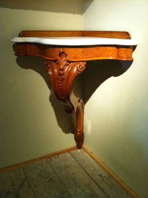 A Rare Pair of Early Victorian Satinbirch and White Marble Serpentine Corner Console Tables C 1860