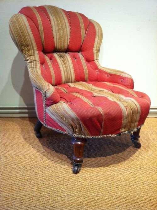 A Victorian Button Back Nursing Chair C 1880 on Fluted Walnut Legs with the Original Late 19th C  Fabric Upholstery 
