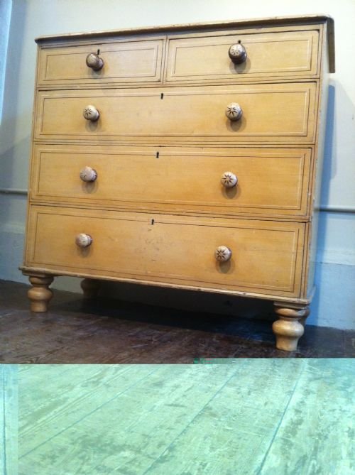 fig 1. A Victorian painted pine chest of drawers c 1870 by Heal and Son with the original decoration