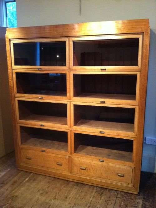 An English Art Deco Birds Eye Maple and Plane Wood Shop Cabinet Made for Gamages of Holborn by Pollards of Clerkenwell C1925