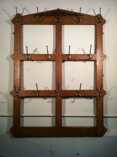 A Gothic Reform Oak and Brass Wall Hanging Coat or Hat Rack C 1880