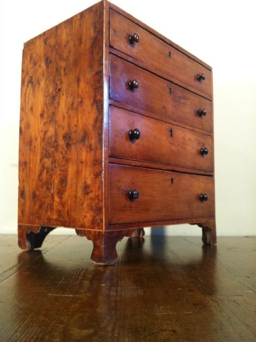 A George 111 Miniature Burr Yew Wood and Boxwood Strung Chest of 4 Long Drawers C 1810