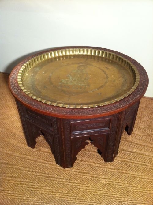 Massive Anglo Indian Carved Teak Coffee Table with Inset Brass Tray. Bombay C 1900
