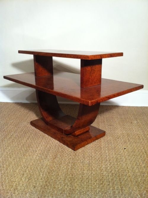 A Rare English Art Deco Amboyna Three Tier Stand in the Style of Sergei Chermayev C1930. 
