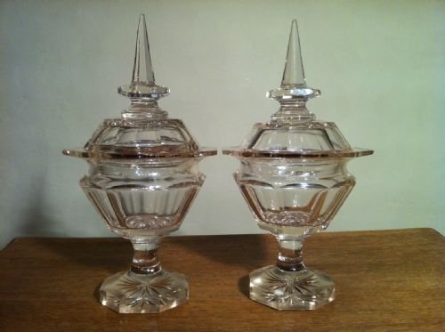 A Pair of Early 19th C Irish Cut Glass Sweetmeat Vases and Covers C1840