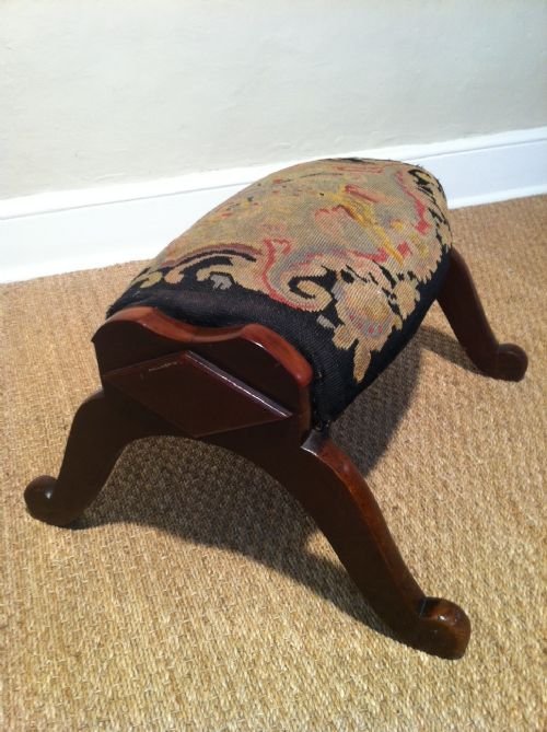 An Unusual Victorian Mahogany Tapestry Covered  Footstool C 1880