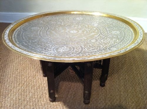 A Syrian or Egyptian Brass and Silver Inlaid Tray on Stand C 1900