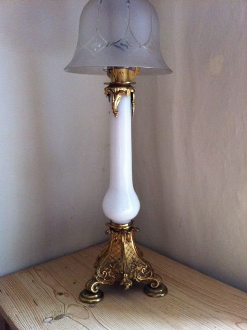 A Victorian Opaline and Gilt Brass Oil Lamp by Palmer and Co English C1860