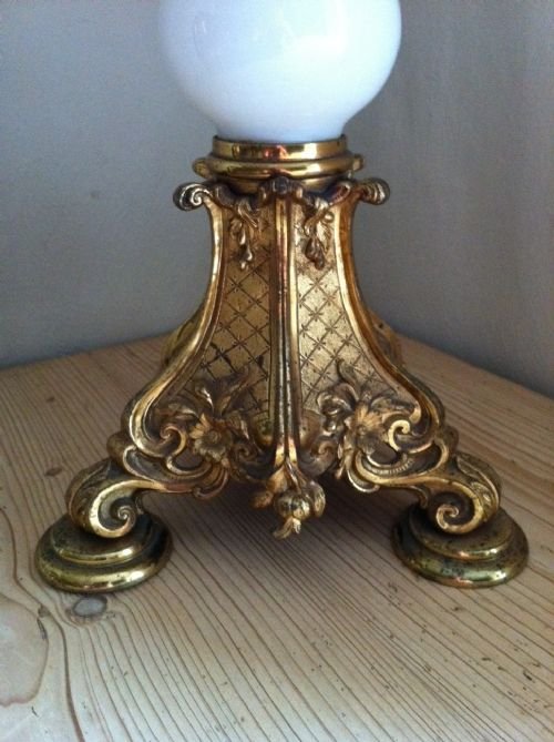 fig 1. A Victorian opaline and gilt brass oil lamp by Palmer and Co English c1860