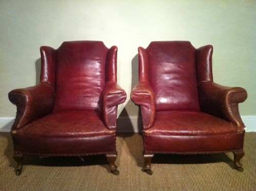 fig 1. A Pair of Victorian red leather library chairs c 1910