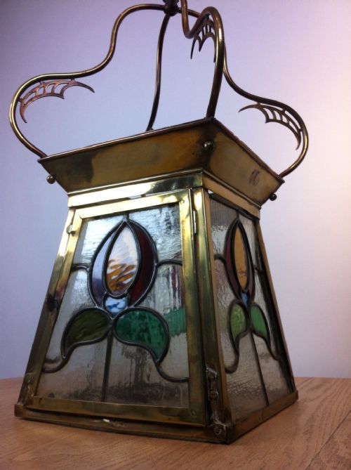 An Arts and Crafts Brass and Stained Glass Lantern C1910
