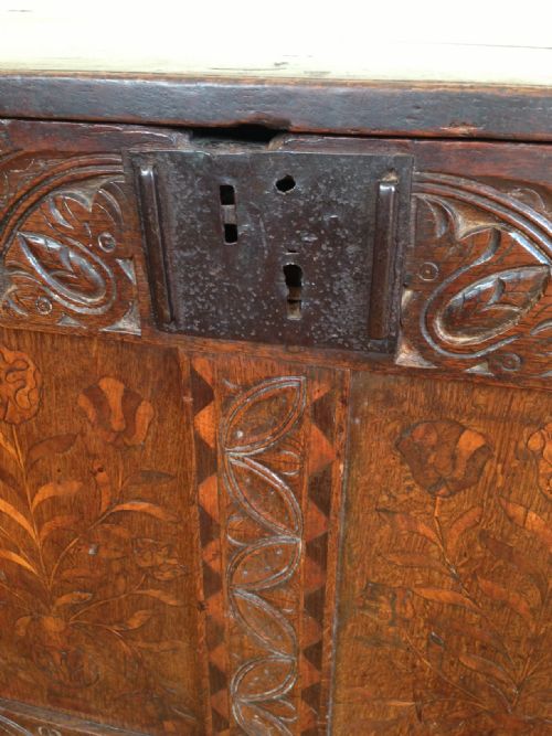 fig 1. A Charles 11 oak and marquetry coffer c 1660