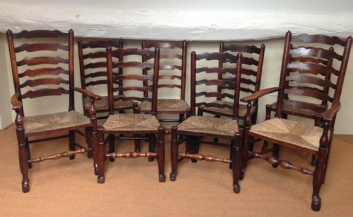 A Good Harlequin Set of 8 Late 18th C Ash North Country Ladderback Chairs C 1800