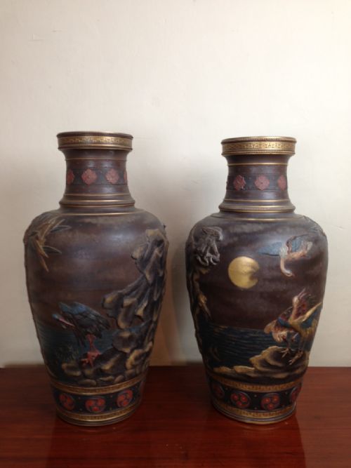 A Large Pair of Mettlach Aesthetic Movement Vases C 1890