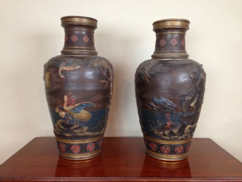fig 1. A large pair of Mettlach Aesthetic Movement Vases c 1890