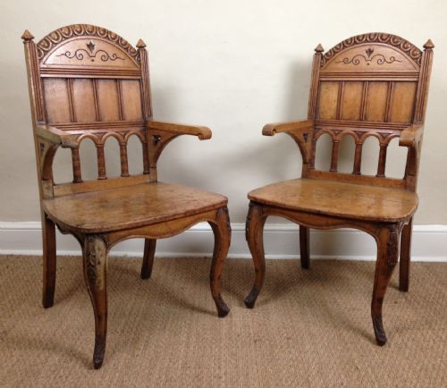 A Pair of Victorian Honey Oak Hall Chairs C 1865