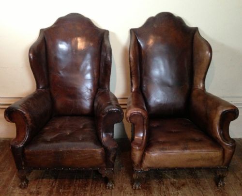 An Enormous Pair of Victorian Leather Wing Chairs C 1900
