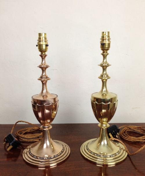 An Unusual Pair of Edwardian Table Lamps One in Brass the Other Copper C 1910