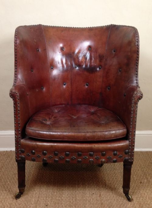 A George IV Barrel Back Wing Chair in Original Morocco Leather C 1830