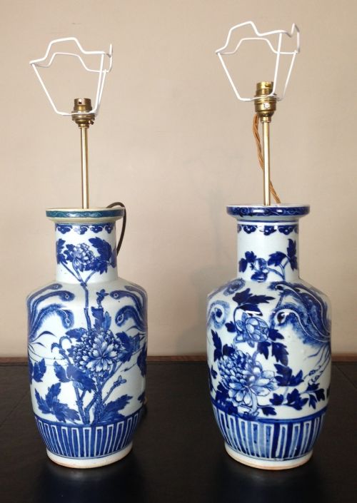 A Pair of Mid 19th C Chinese Blue and White Vases Wired as Lamps