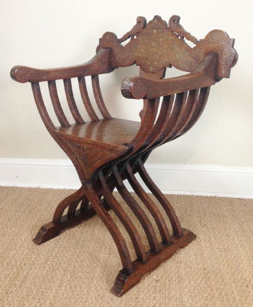 An Indian Shisham and Brass Inlaid X Frame Chair C 1880