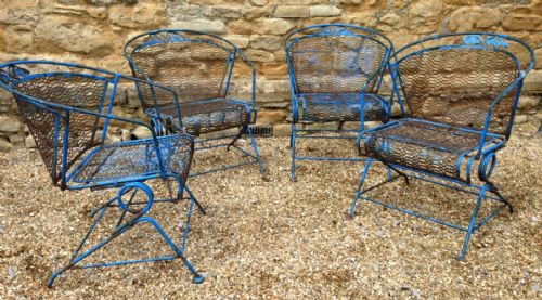 A Set of 4 Blue Painted 1930'S French Garden Chairs