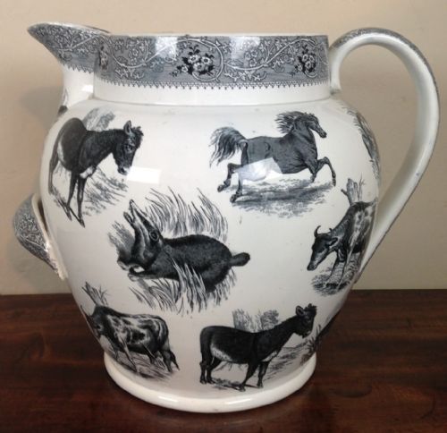 A Large and Rare Staffordshire Transfer Painted Jug C 1850