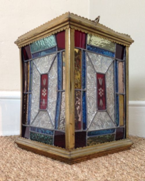 A Late Victorian Brass and Stained Glass Hanging Lantern C 1900