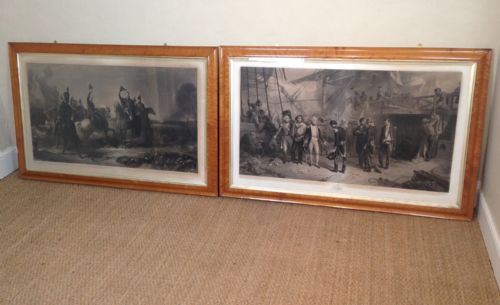 A Large Pair of Mid 19th C Maple Framed Prints of Waterloo and Trafalgar