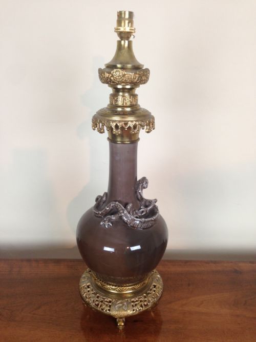 A Large Chinese Glazed Dragon Vase Lamp with Gilt Brass Mounts C 1900